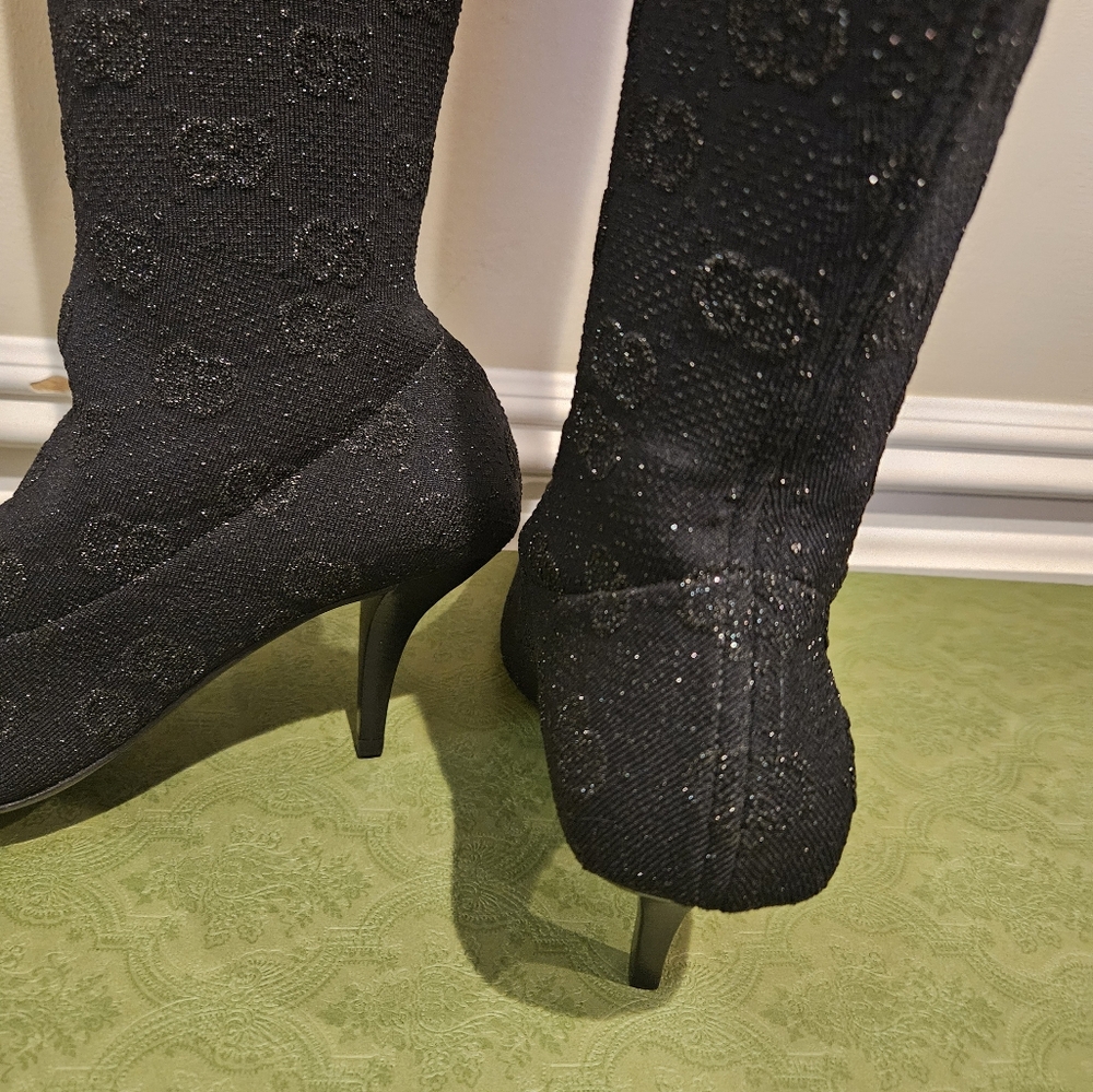 $1450 NIB Auth Gucci Boots Knee High GG 75mm Heel Black Jacquard Tech Knit 38.5 - Picture 6 of 8